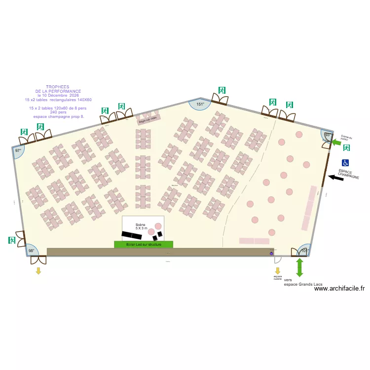 TROPHEES  DE LA PERFORMANCE le 10 D&eacute;cembre  2026 15 x2 tables  rectangulaires 140X60  15 x 2 tables 120x60 de 8 pers  240 pers  espace champagne prop 8.. Plan de 1  et 584 m²