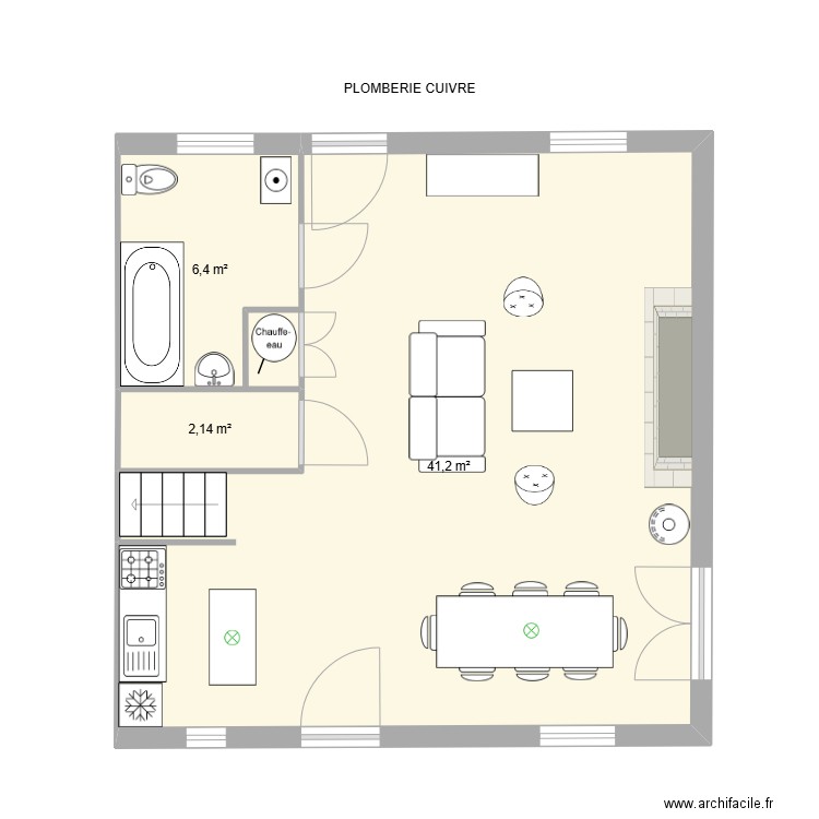 Mayres Plomberie Cuivre. Plan de 3 pièces et 50 m2
