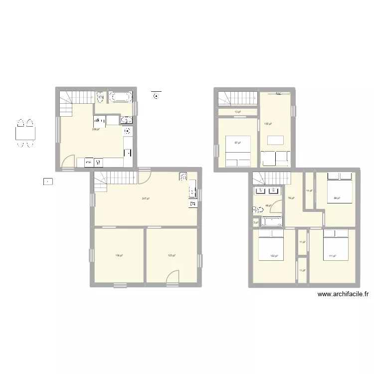 1137. Plan de 16 pièces et 132 m²