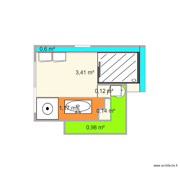 Salle de bains RdC. Fev 24. Plan de 6 pièces et 6 m2