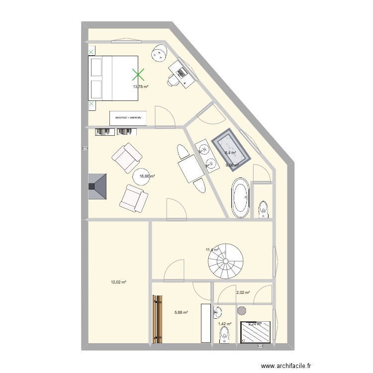 Etage Donjon Gourmand. Plan de 10 pièces et 83 m2