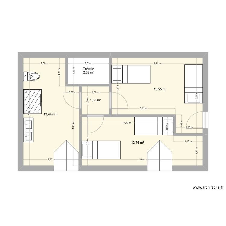 Maison Lena Etage. Plan de 5 pièces et 44 m2