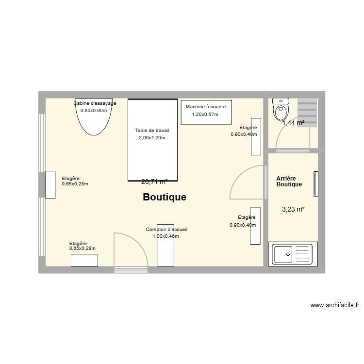 Couture. Plan de 3 pièces et 25 m2
