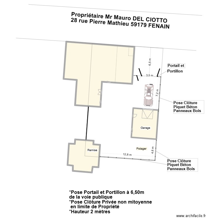 Cloture et Portail. Plan de 3 pièces et 231 m2