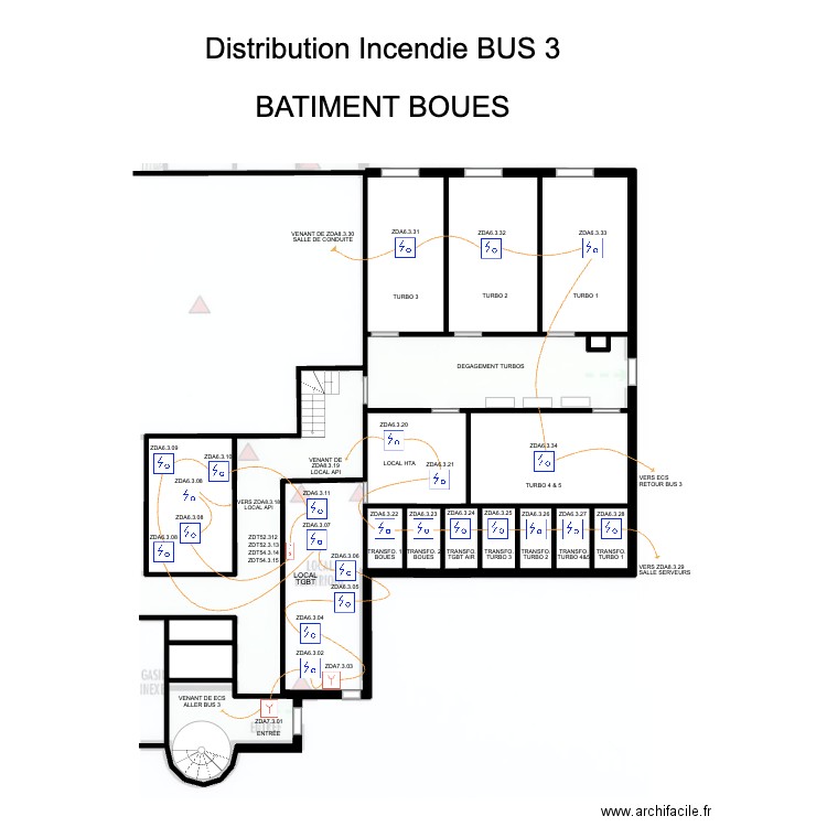 REZ DE CHAUSSEE BATIMENT BOUES. Plan de 14 pièces et 109 m2