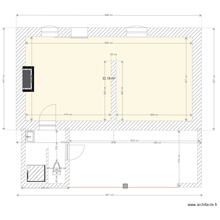 terrasse. Plan de 1 pièce et 32 m2
