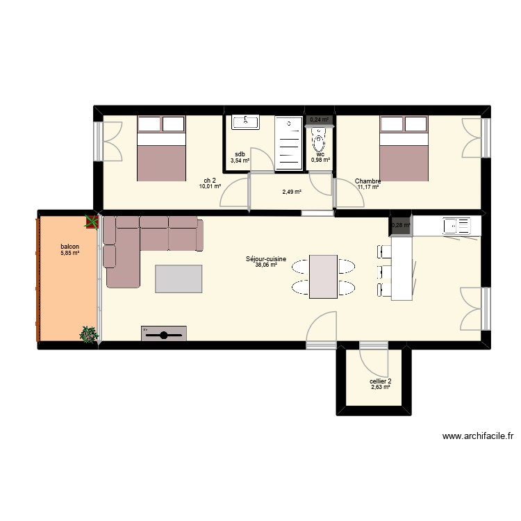 jeandrot t3 cuisine  ouverte. Plan de 0 pièce et 0 m2