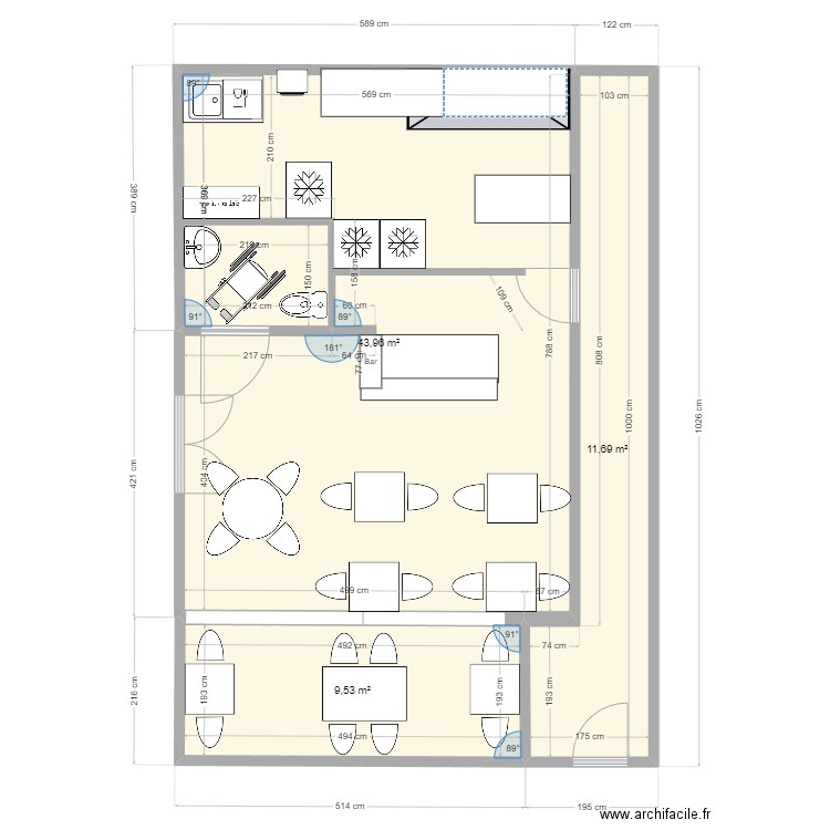 pacifique bar agencement 222. Plan de 3 pièces et 65 m2