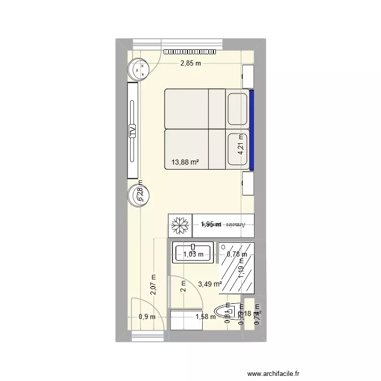 Studio 5 ieme étage version Chambre double V2. Plan de 3 Pièces et 18 m² Studio 5 ieme étage version Chambre double V2. Plan de 3 Pièces et 18 m²