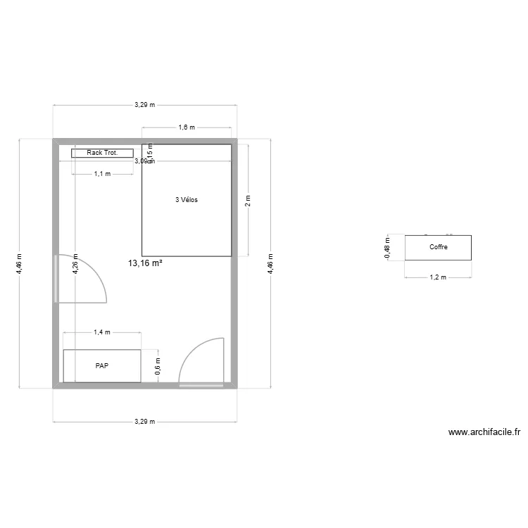 local velo PAP d&eacute;plac&eacute;. Plan de 1  et 13 m²