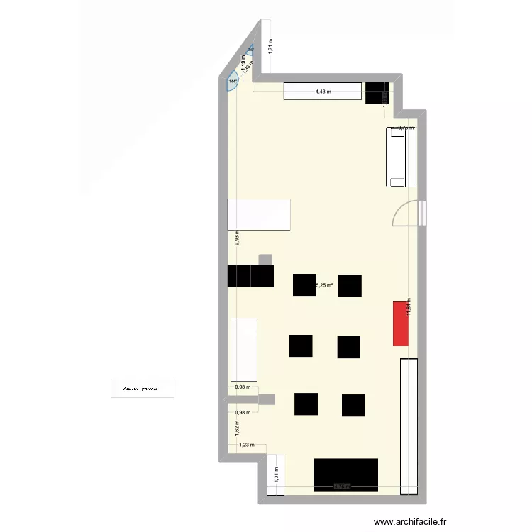 Atelier. Plan de 1  et 75 m²