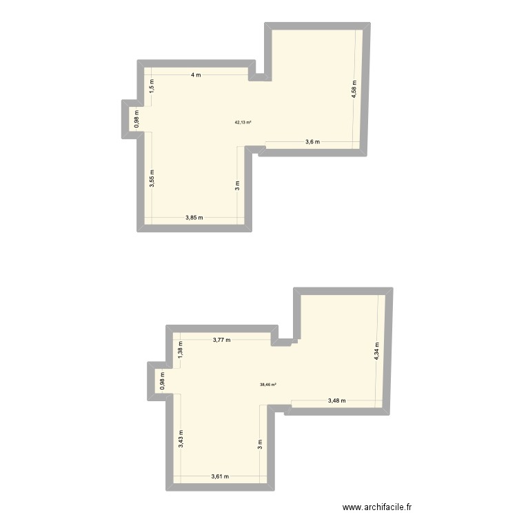 RDC parquet. Plan de 2 pièces et 81 m2