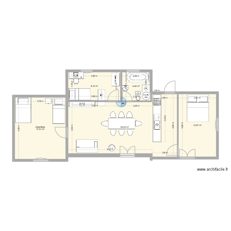 dorceau orginal. Plan de 5 pièces et 75 m2
