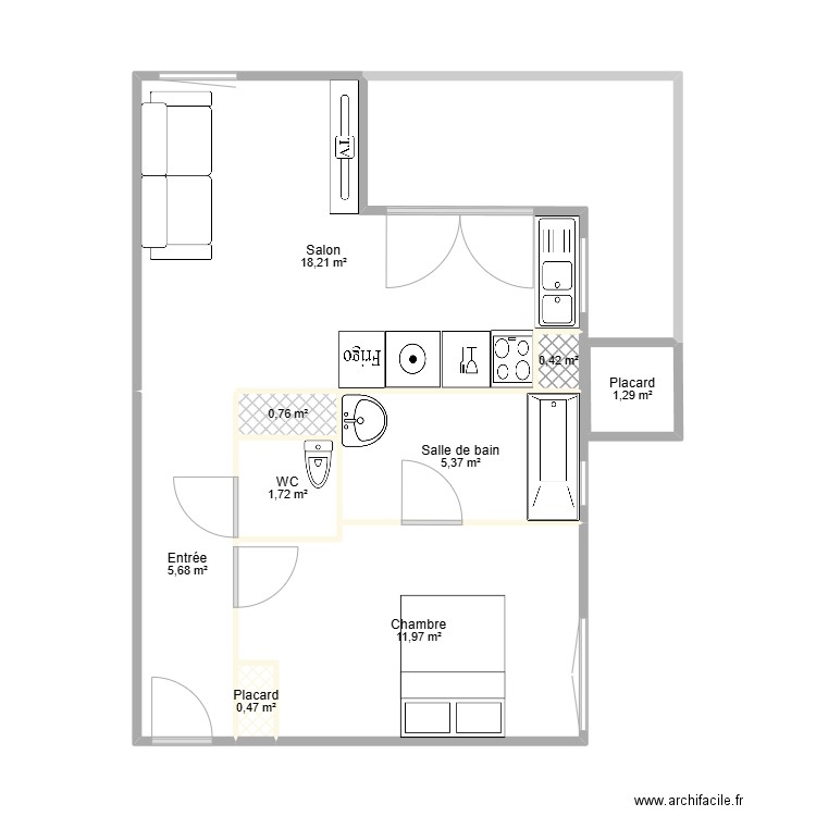 le duo. Plan de 9 pièces et 46 m2