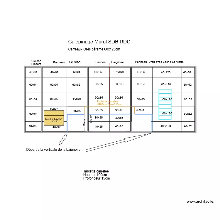 70 Joinville SDB  Joints align&eacute;s et Tablette carrel&eacute;e RDC. Plan de 