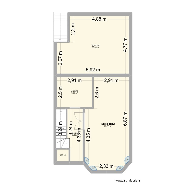 maison etage 1 + terrasse. Plan de 6 pièces et 67 m2