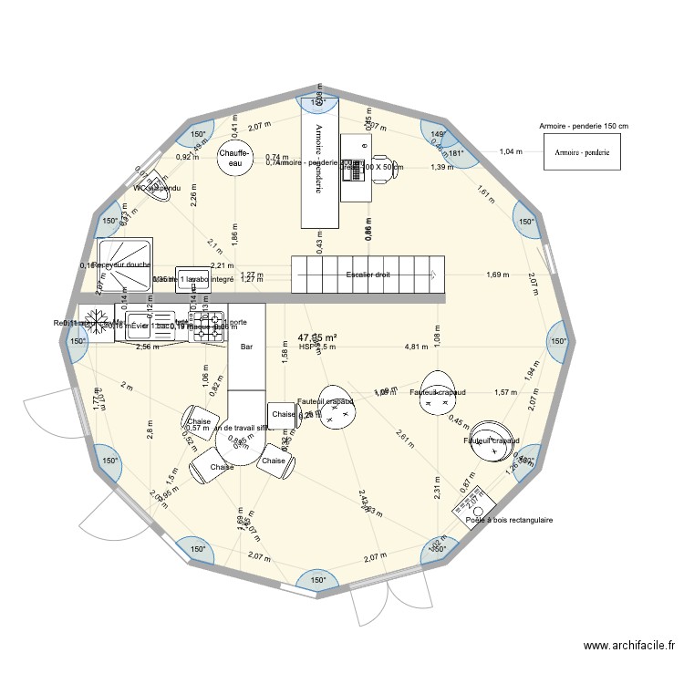 yourte 8m. Plan de 1 pièce et 48 m2