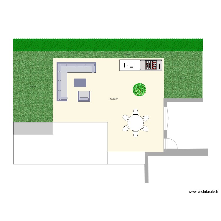terrasse. Plan de 1 pièce et 44 m2