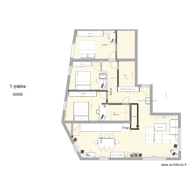1er amenagement de sa vie de FP. Plan de 3 pièces et 111 m2