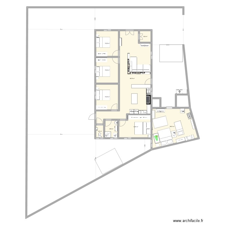 Maison_pleinpied_plomberie. Plan de 9 pièces et 126 m2