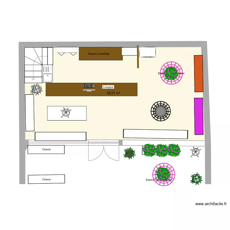 Atelier floral. Plan de 1  et 35 m²