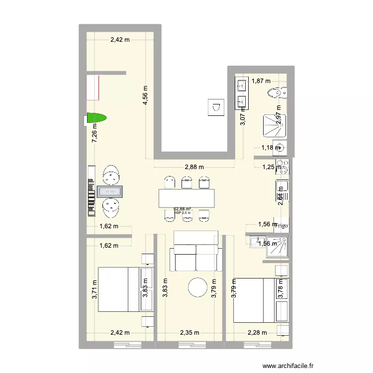 APPARTEMENT PARIS bis. Plan de 1  et 63 m²