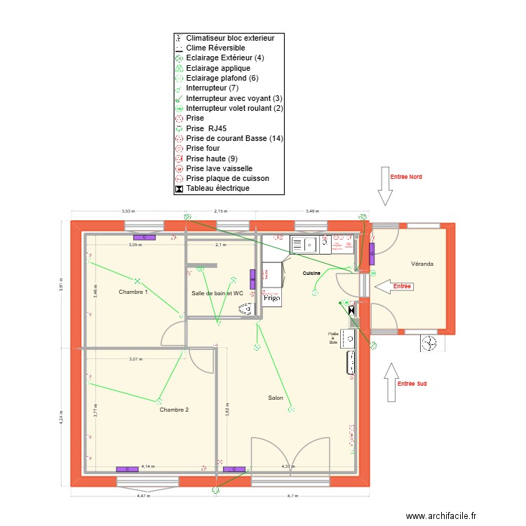 Plan du Rez de Chaussée modif élec. Plan de 13 pièces et 69 m2