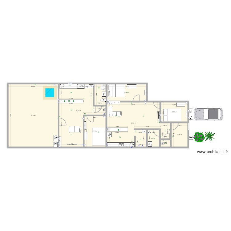 Plan avec projet avant et arrière avec terrasse. Plan de 9 pièces et 167 m2