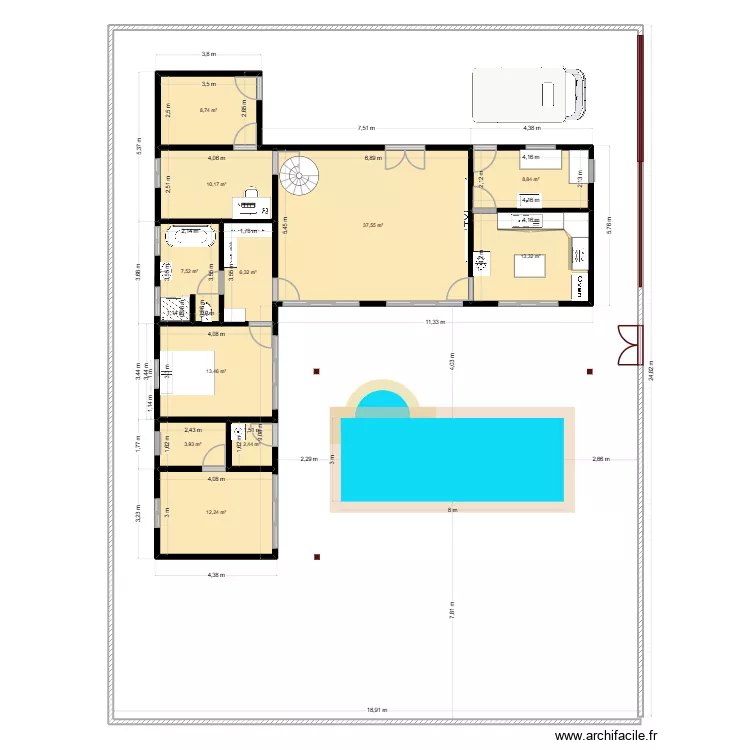 Maison 2. Plan de 11  et 125 m²