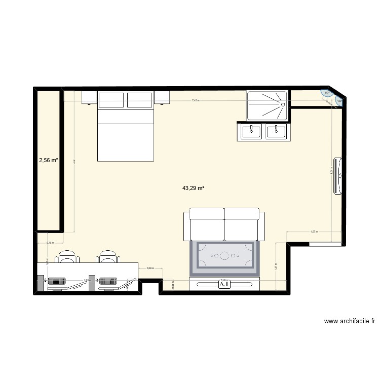 tghjt. Plan de 2 pièces et 46 m2
