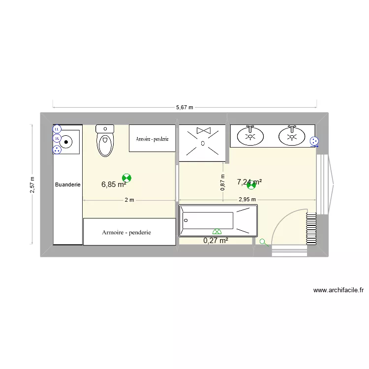 sdb paradis V10. Plan de 3 pièces et 14 m²