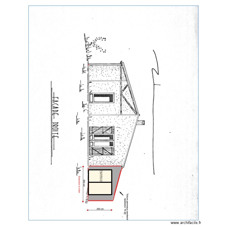 extension facade droite. Plan de 3 pièces et 21 m2