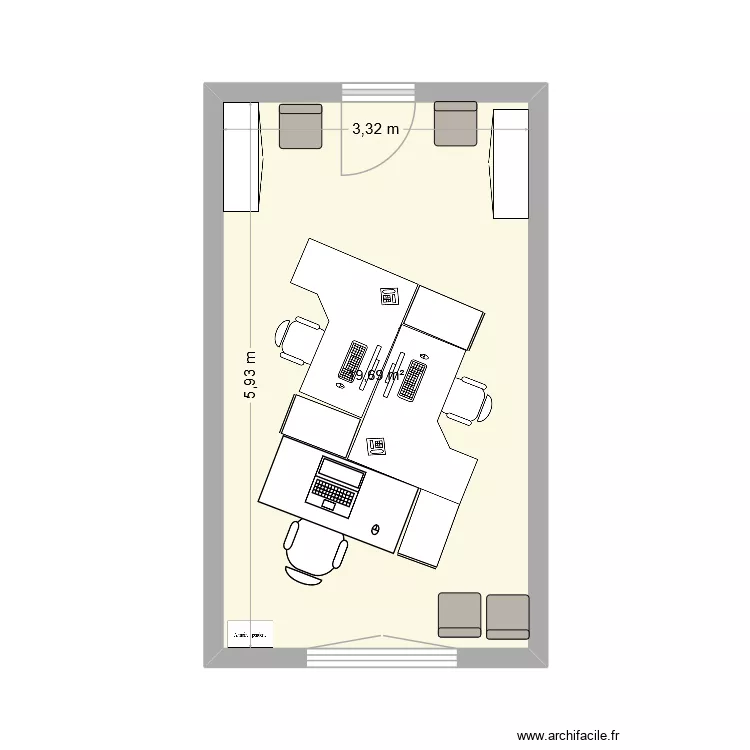 Bureau 216. Plan de 1  et 20 m²