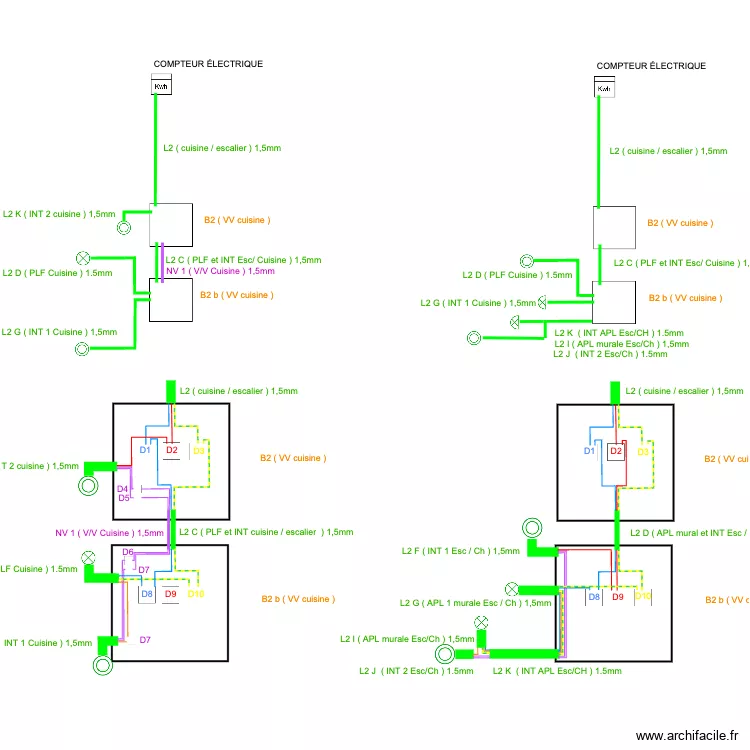 FAVEROLLES_ELECTRICIT&Eacute;_SCHEMA_ESC/CUISINE. Plan de 3  et 52 m²