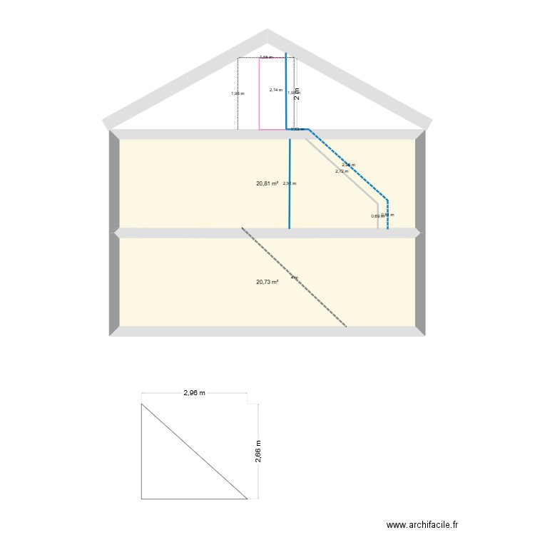 escalier. Plan de 2 pièces et 42 m2