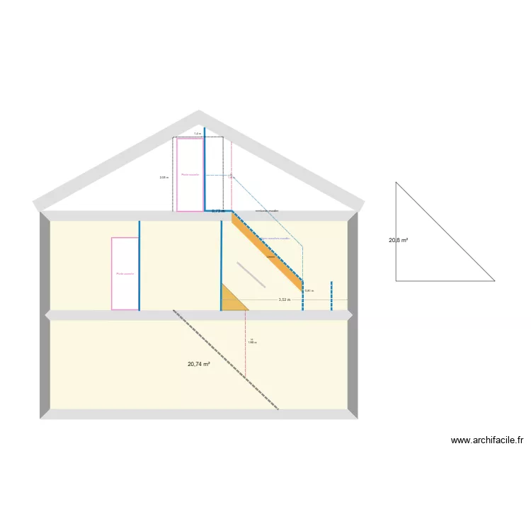 escalier. Plan de 2 pièces et 42 m²