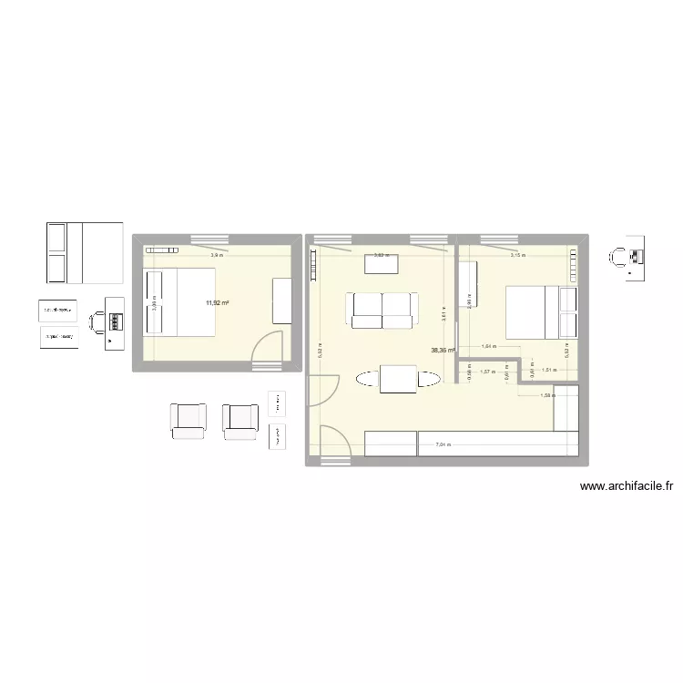 Pi&egrave;ce principale. Plan de 2  et 50 m²