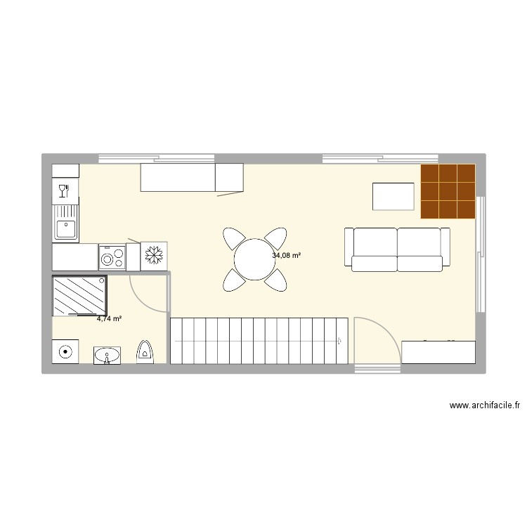 Cuisine et salon. Plan de 2 pièces et 39 m2