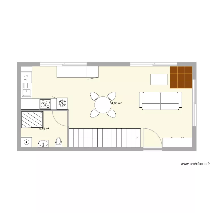 Cuisine et salon. Plan de 2  et 39 m²