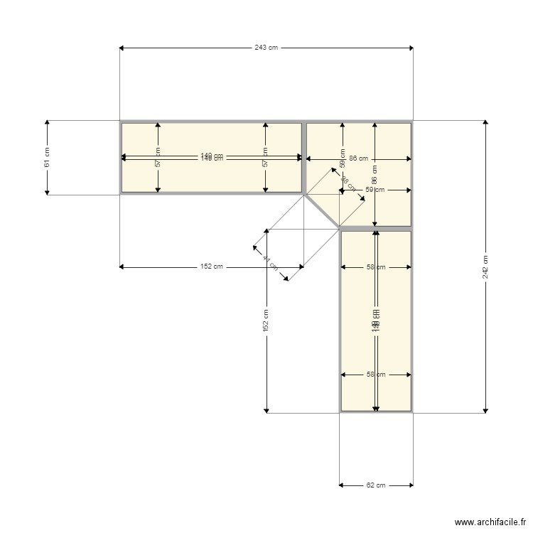 ANGLE. Plan de 3 pièces et 2 m2