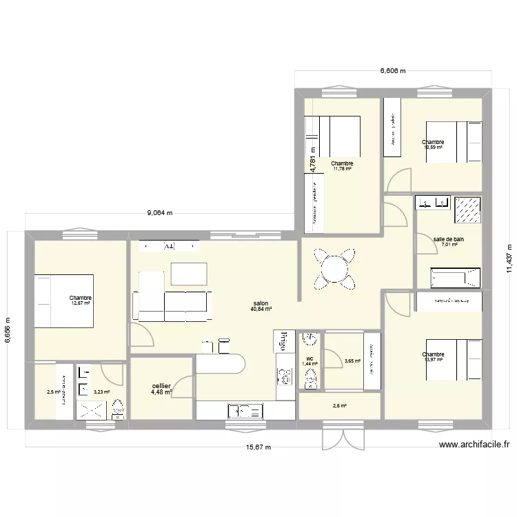 plan en L. Plan de 12  et 115 m²