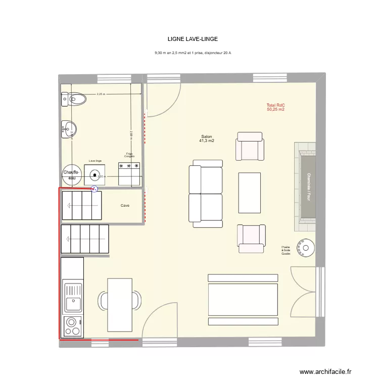 Ligne Lave-linge. Plan de 3 pièces et 50 m²