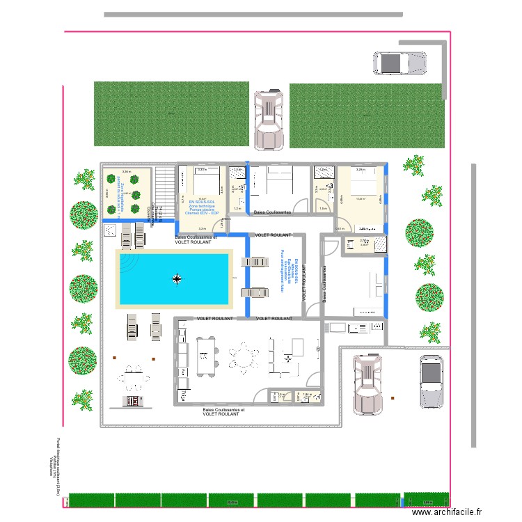 Esquisse 2 blocs - 4 chambres - sans toits avec meubles et sous-sol. Plan de 10 pièces et 76 m2