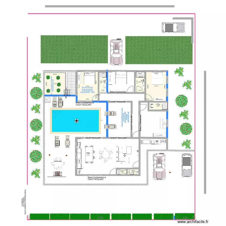 Esquisse 2 blocs - 4 chambres - sans toits avec meubles et sous-sol. Plan de 