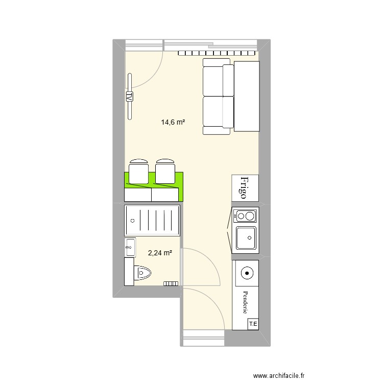 Studio T&C aménagé origine. Plan de 2 pièces et 17 m2
