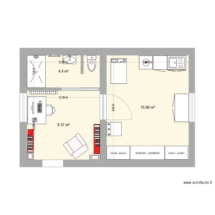 SAINT SAENS RDJ NORD. Plan de 3 pièces et 30 m2