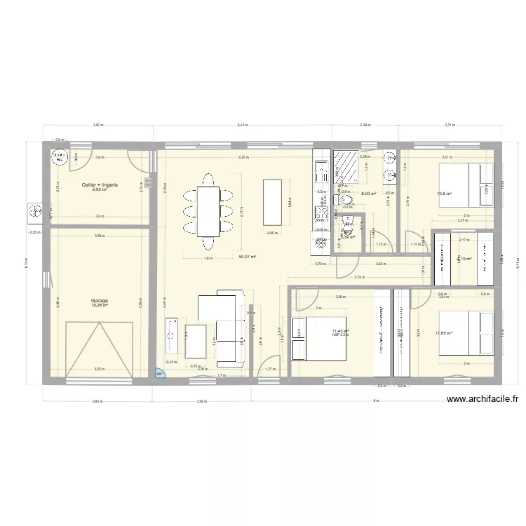 MAISON PLAIN PIED 130 M2 RECTANGLE 3 CHAMBRES 1SB. Plan de 