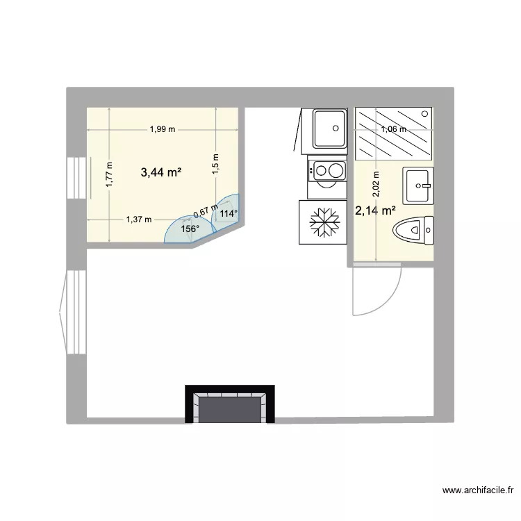 Lecourbe. Plan de 2 pièces et 6 m²