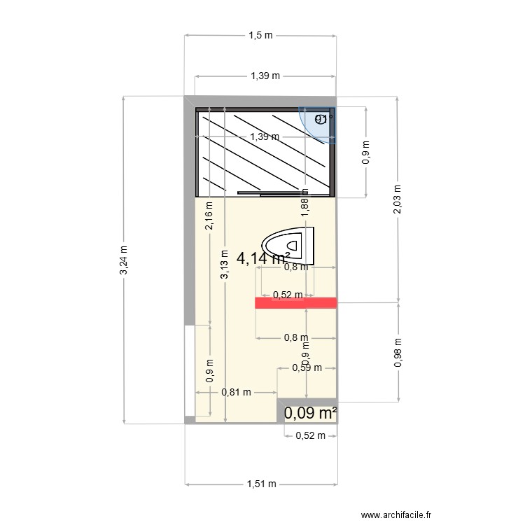 SDB type R1 + R2. Plan de 1 pièce et 4 m2