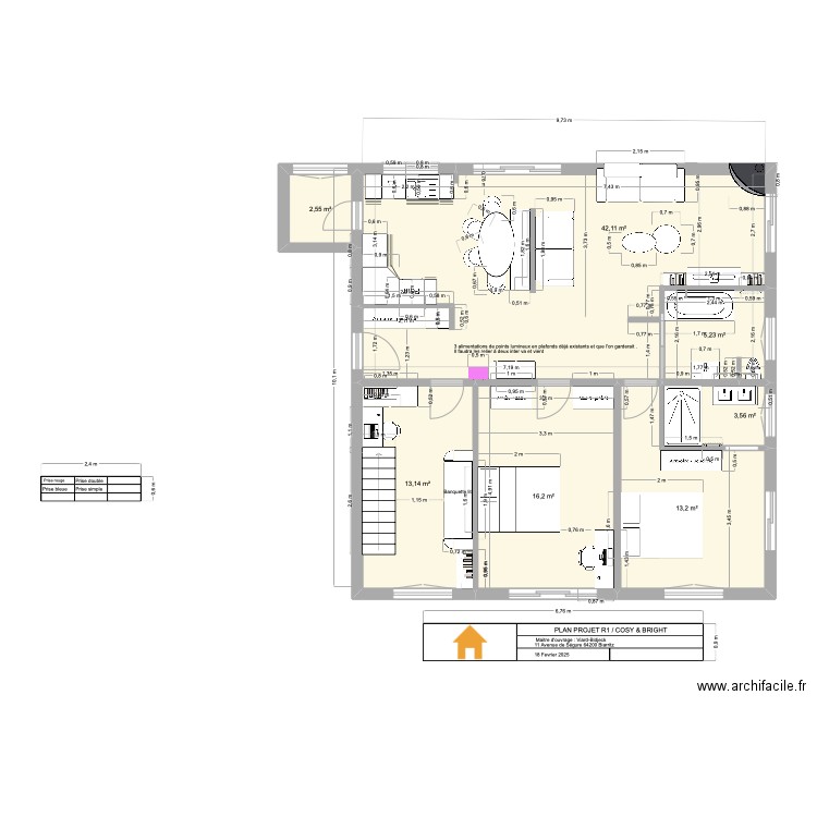 Plan R1 aménagé / Cosy & bright. Plan de 7 pièces et 96 m2